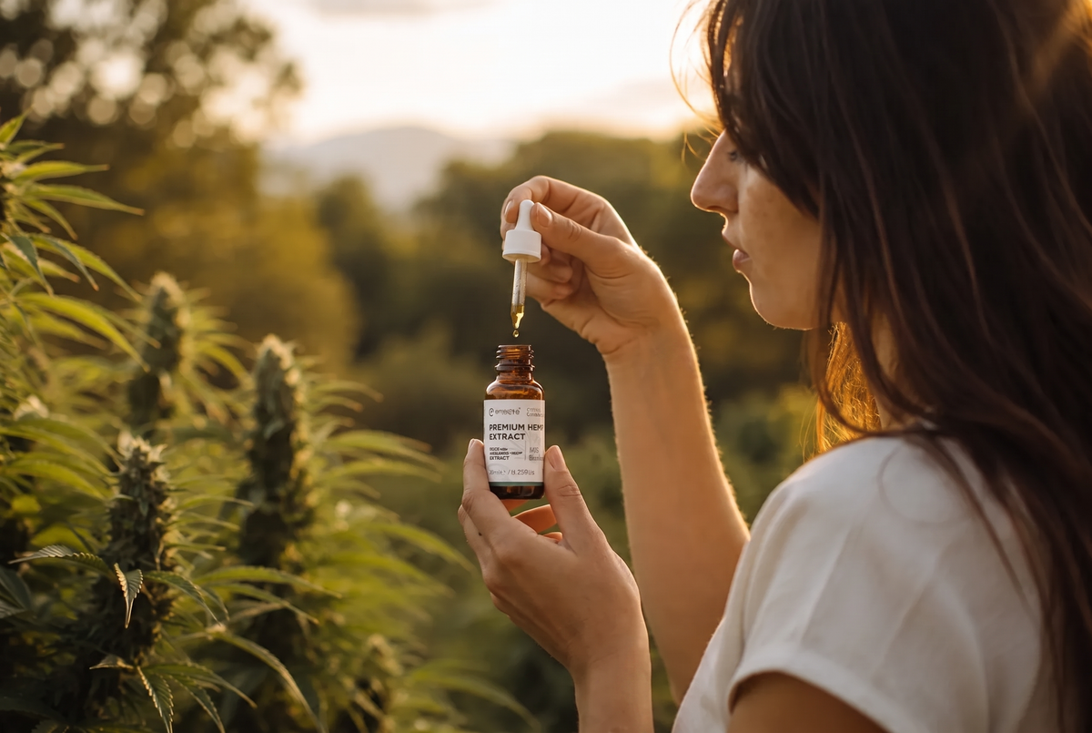 Olio di CBD Enecta nel campo di canapa in Abruzzo all'ora dorata